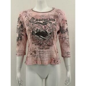 Studio Gem Q Top Womens Large Pink Chocolate Graphic 3/4 Sleeve Embellished Y2K